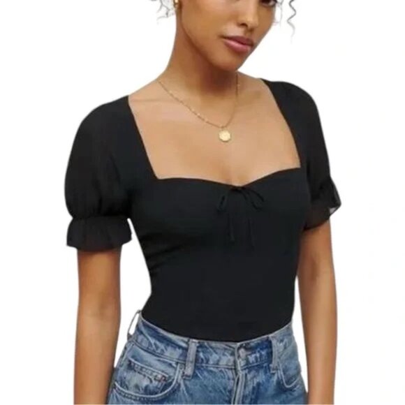 Reformation Delevan Black Short Sleeve Puff Sleeve Sweetheart Neck Top 4 - Picture 1 of 6